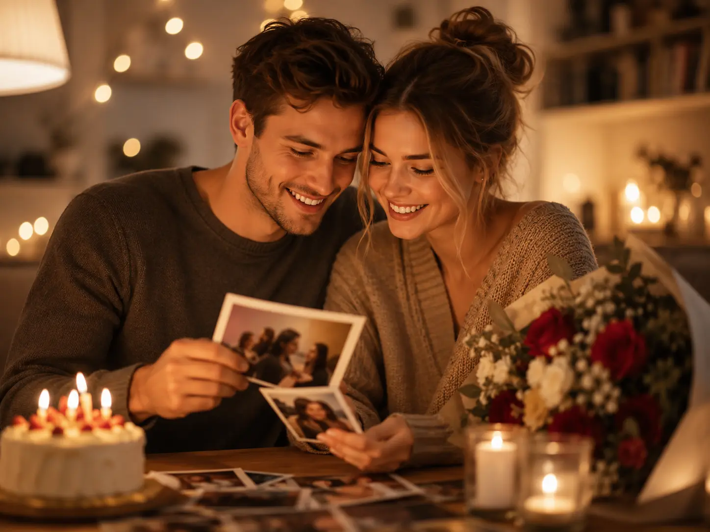 Couple photo to video AI example — smiling partners reviewing printed memories at a candlelit anniversary dinner