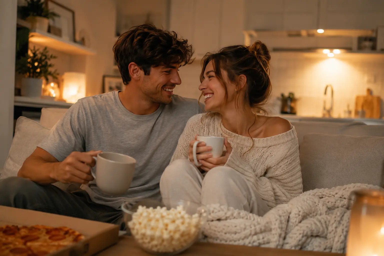 Couple photo to video AI example — couple sharing coffee and laughing together on a cozy sofa at home