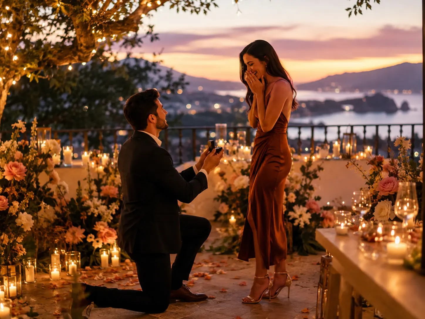 Couple photo to video AI example — man proposing with a ring on a candlelit coastal terrace at sunset