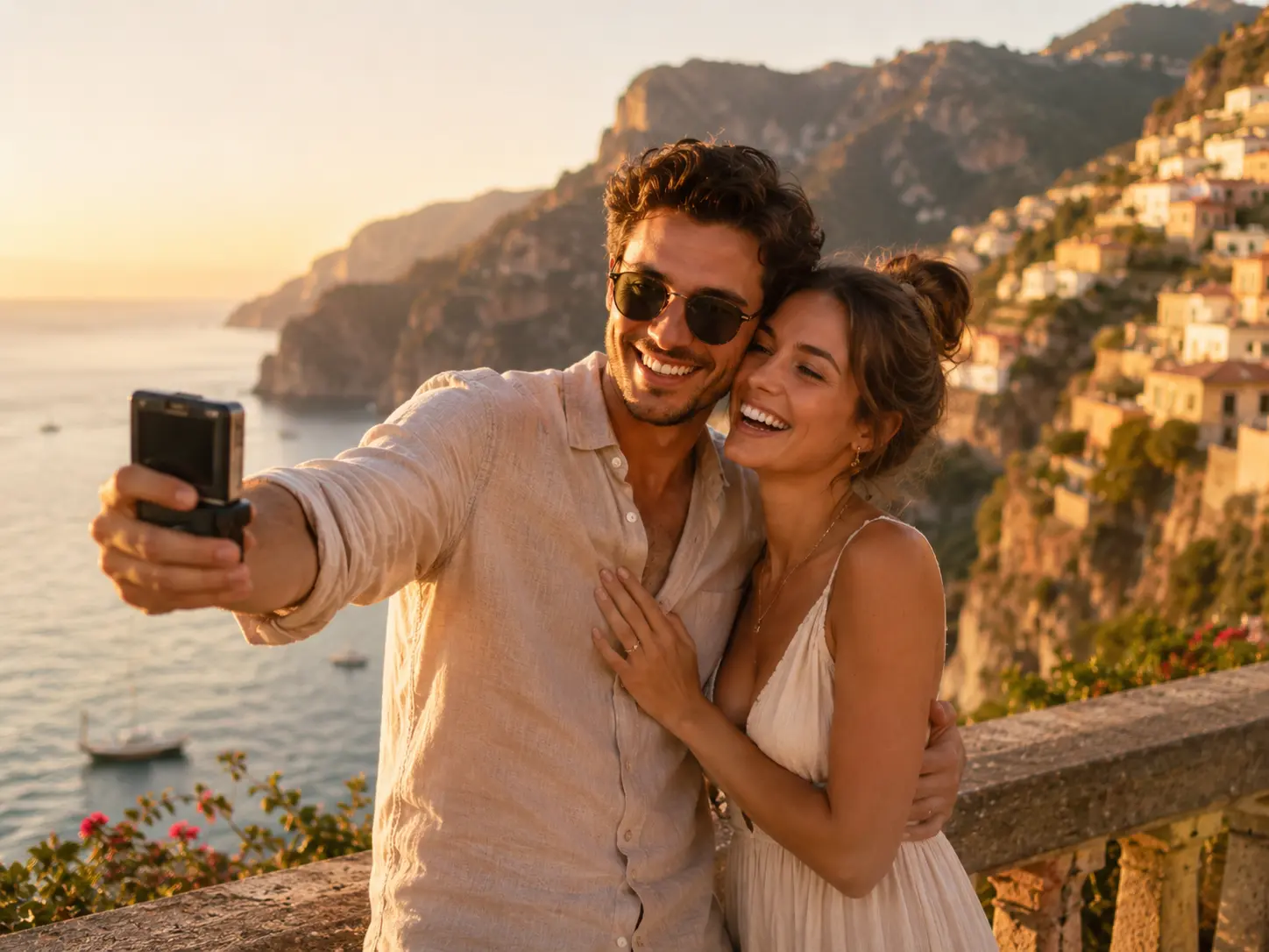 Couple photo to video AI example — smiling partners taking a selfie on a sunlit Mediterranean coast