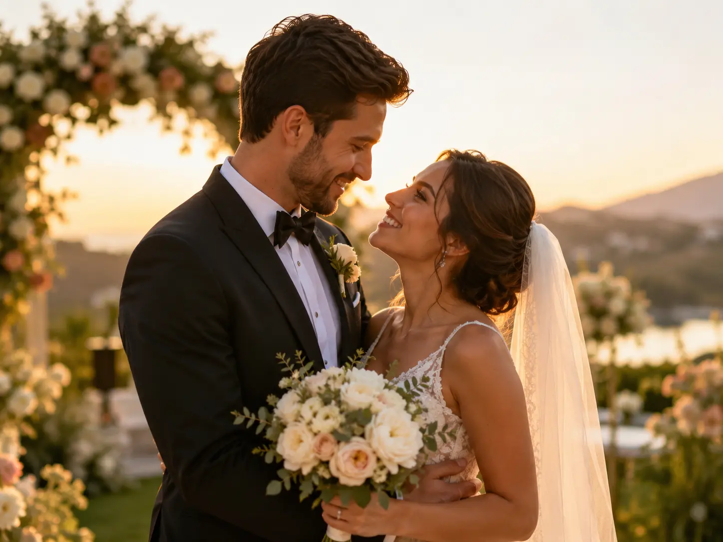 Couple photo to video AI example — bride and groom smiling at each other during an outdoor sunset wedding