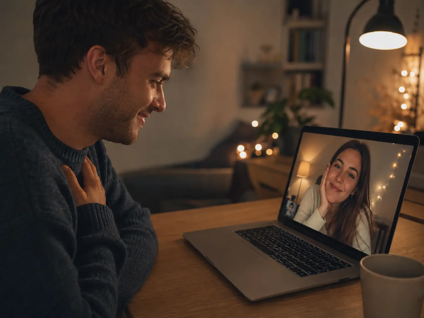 Couple photo to video AI example — long-distance partners smiling during a laptop video call at night